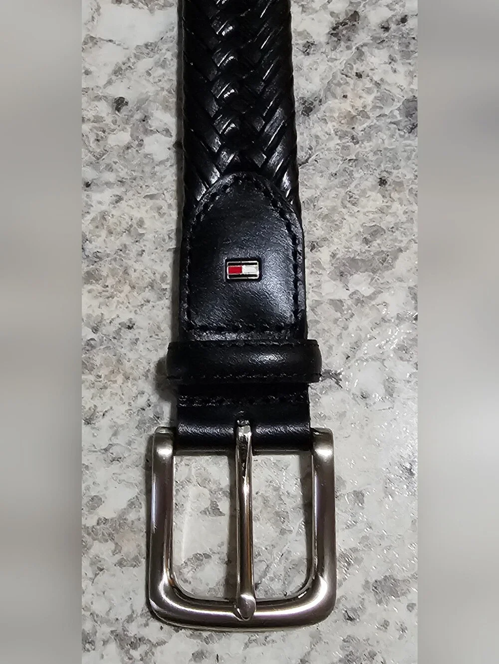 Tommy Hilfiger Men's Black Woven Leather Belt Classic Casual Silver Buckle 38/96
